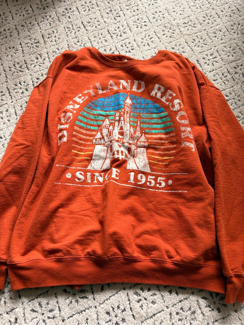 Disney Orange Crewneck with Vintage Castle Graphic and Multicolor Sun